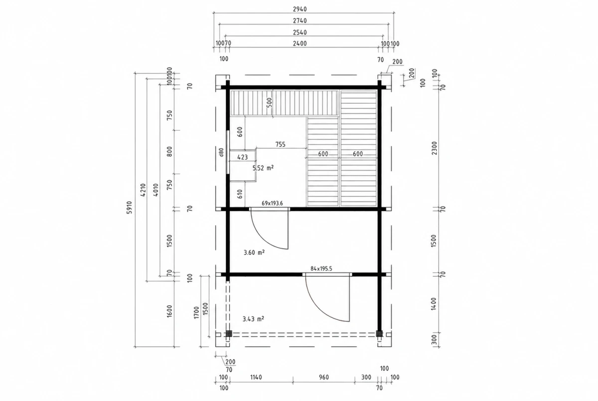 Sauna cabine extérieure 2 pièces à toit plat TOUNDRA 70D – 5,06 + 3,98 m² – Auvent 3,89 m² – Madriers 70 mm contrecollés