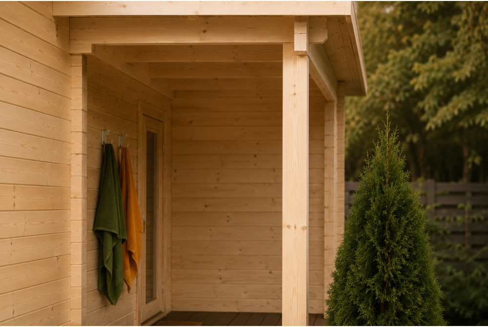 Sauna cabine extérieure 2 pièces à toit plat TOUNDRA 70D – 5,06 + 3,98 m² – Auvent 3,89 m² – Madriers 70 mm contrecollés