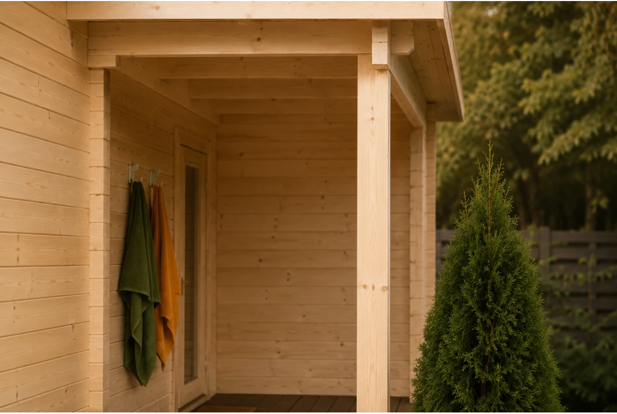 Sauna cabine extérieure 2 pièces à toit plat TOUNDRA 70D – 5,06 + 3,98 m² – Auvent 3,89 m² – Madriers 70 mm contrecollés