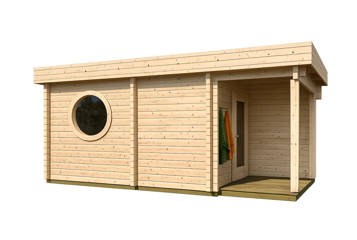 Sauna cabine extérieure 2 pièces à toit plat TOUNDRA 70D – 5,06 + 3,98 m² – Auvent 3,89 m² – Madriers 70 mm contrecollés