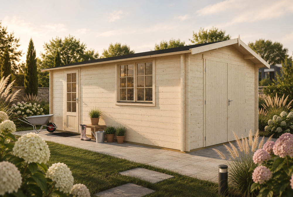 Garage bois brut AURA A - Toit double pente - 1 voiture - 13,90 m² - Madriers 70 mm contrecollés