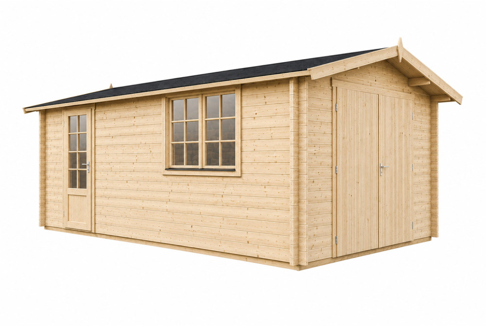 Garage bois brut AURA A - Toit double pente - 1 voiture - 13,90 m² - Madriers 70 mm contrecollés