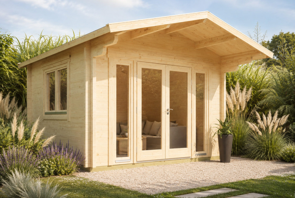 Chalet de jardin bois brut HARMONIE B - Toit double pente - 11,97 m² - Madriers 70 mm contrecollés