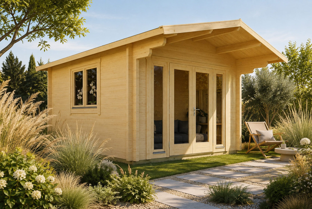 Chalet de jardin bois brut HARMONIE C - Toit double pente - 14,05 m² - Madriers 70 mm contrecollés