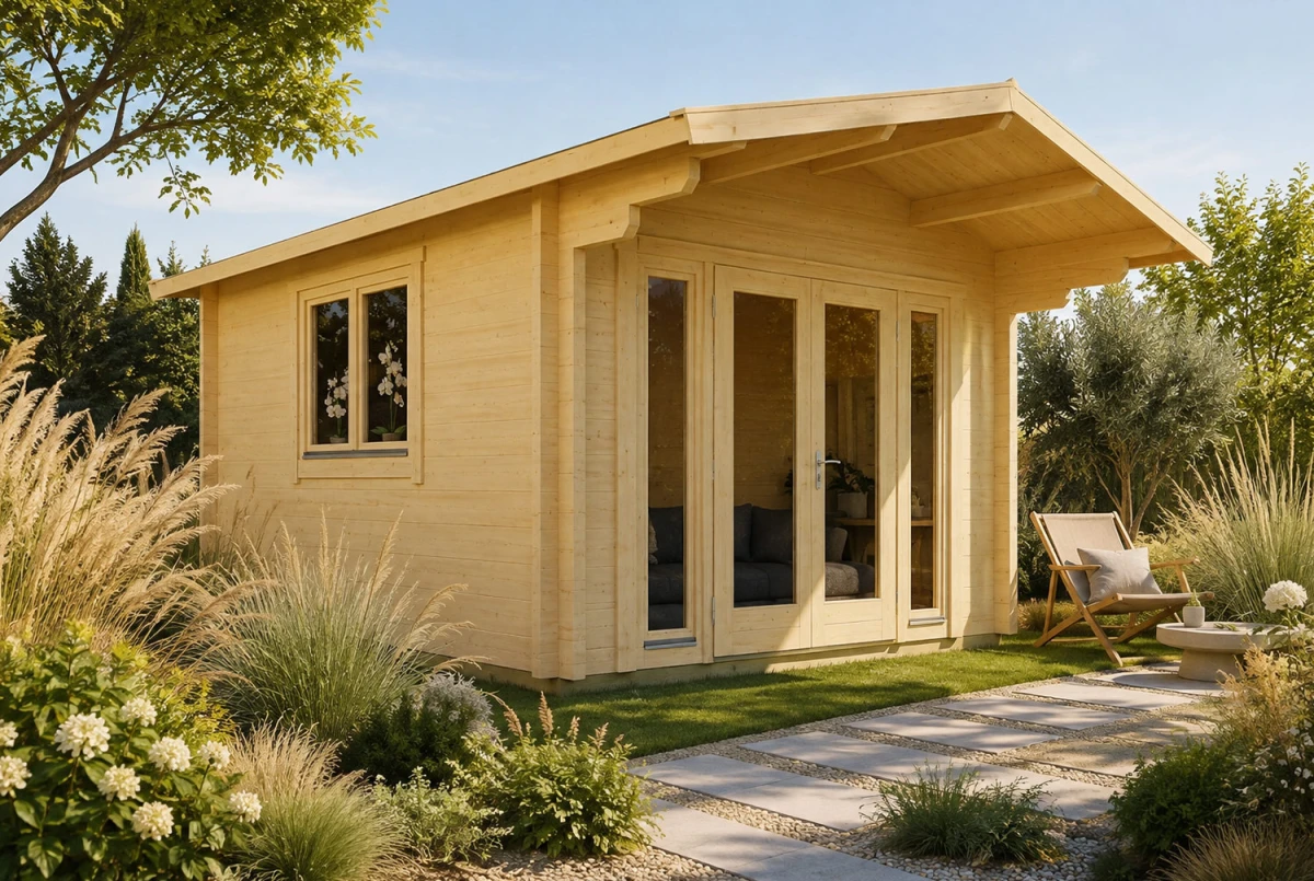Chalet de jardin bois brut HARMONIE C - Toit double pente - 14,05 m² - Madriers 70 mm contrecollés