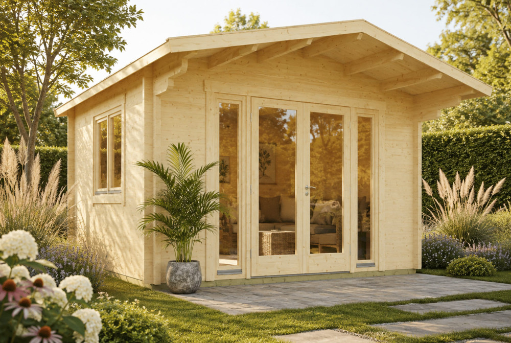 Chalet de jardin bois brut HARMONIE E - Toit double pente - 14,05 m² - Madriers 70 mm contrecollés