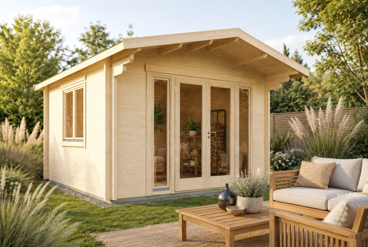 Chalet de jardin bois brut HARMONIE F - Toit double pente - 16,48 m² - Madriers 70 mm contrecollés