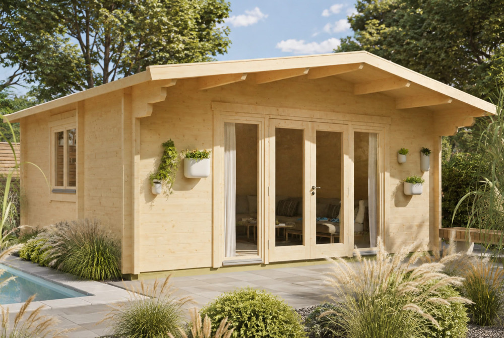Chalet de jardin bois brut HARMONIE I - Toit double pente - 31,47 m² - Madriers 70 mm contrecollés