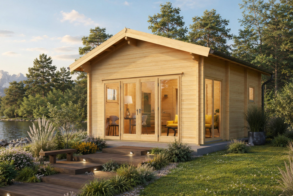 Chalet mezzanine bois brut LE SYLVA - Toit double pente - 3 pièces - 27,97 m² + 8,96 m² - Madriers 70 mm contrecollés