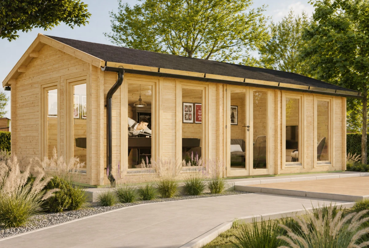 Chalet de jardin bois brut LE STUDIO - Toit double pente - 30,18 m² - Madriers 70 mm contrecollés
