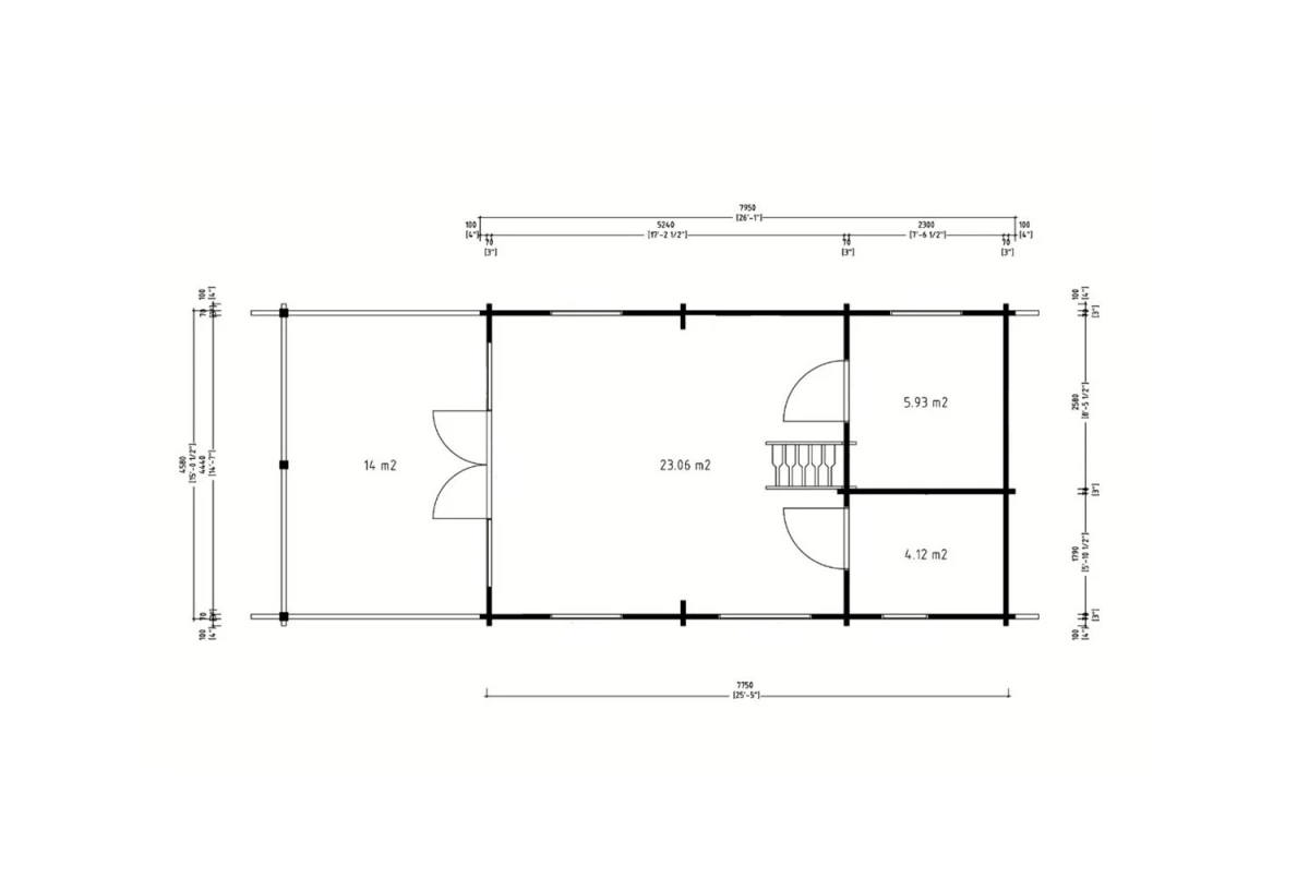 Chalet mezzanine bois brut LE REFUGE - Toit double pente - 33,11 m² + 10,21 m² - Madriers 70 mm contrecollés