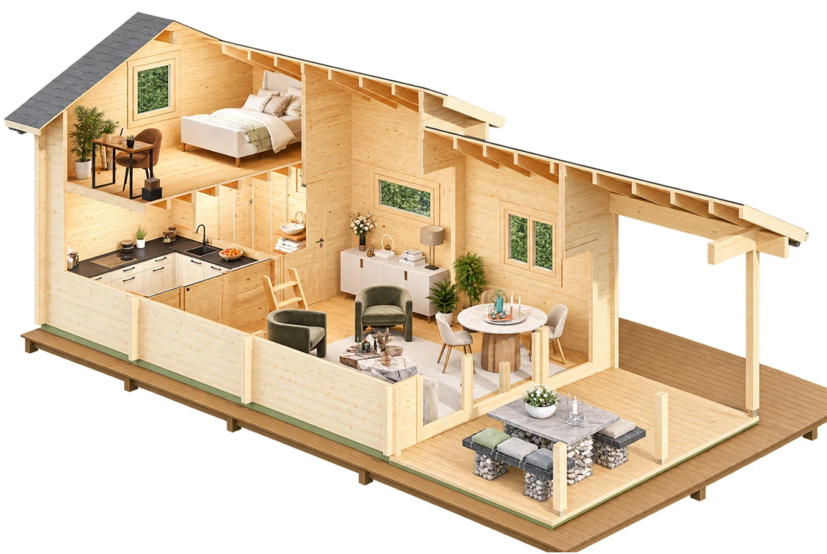 Chalet mezzanine bois brut LE REFUGE - Toit double pente - 33,11 m² + 10,21 m² - Madriers 70 mm contrecollés