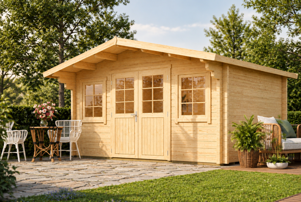 Chalet de jardin bois brut HERITAGE B - Toit double pente - 11,04 m² - Madriers 70 mm contrecollés