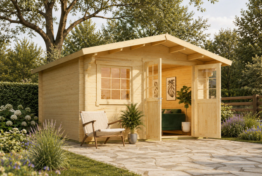 Chalet de jardin bois brut HERITAGE C - Toit double pente - 11,97 m² - Madriers 70 mm contrecollés
