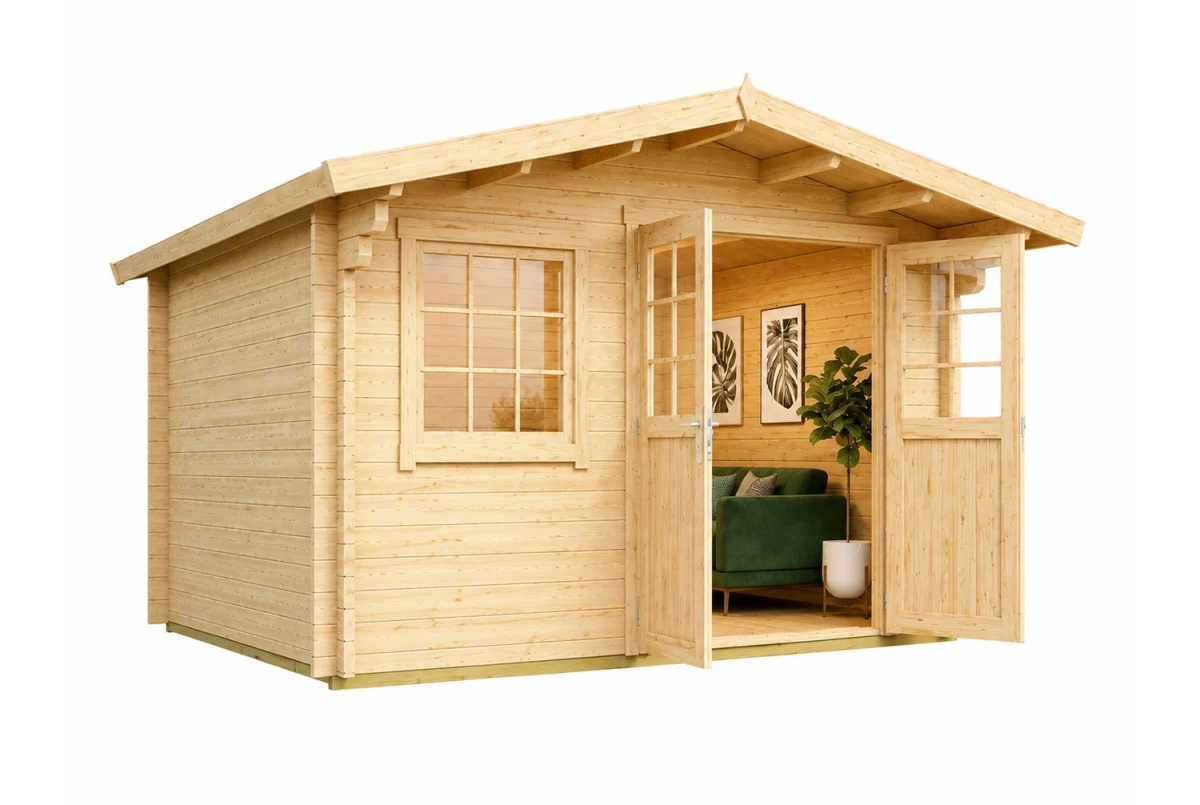 Chalet de jardin bois brut HERITAGE C - Toit double pente - 11,97 m² - Madriers 70 mm contrecollés