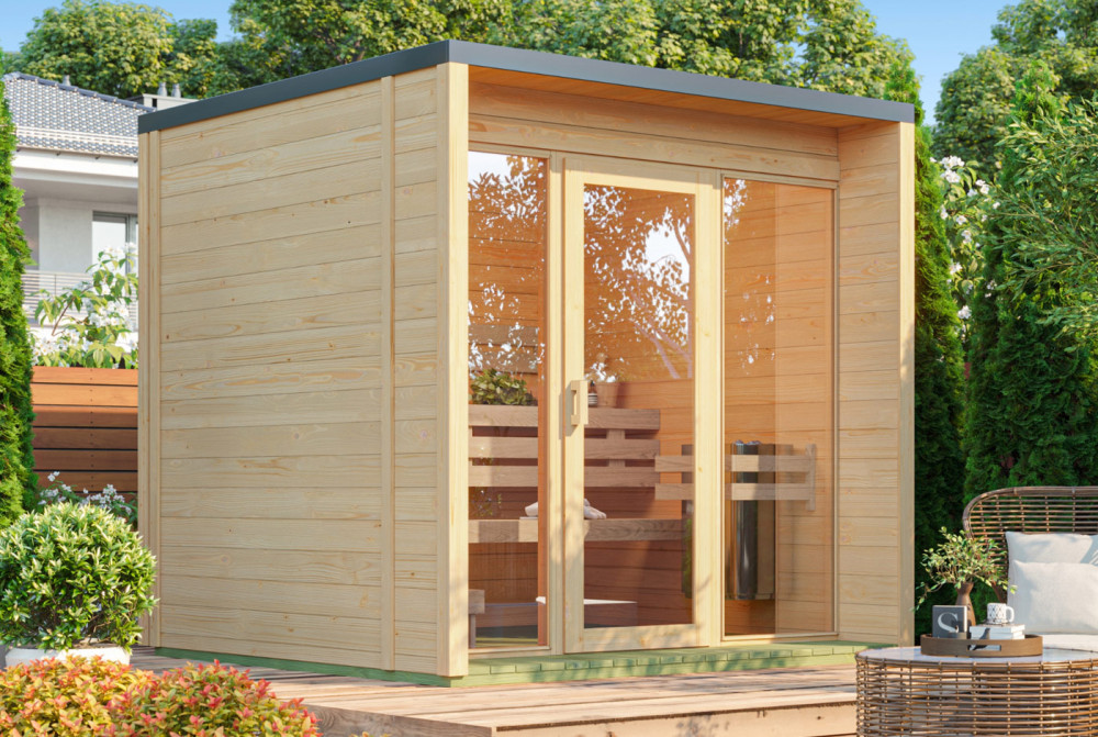 Sauna cabine extérieure à toit plat NORDIK XS – 5 m² – Bois brut – Madriers 70 mm contrecollés