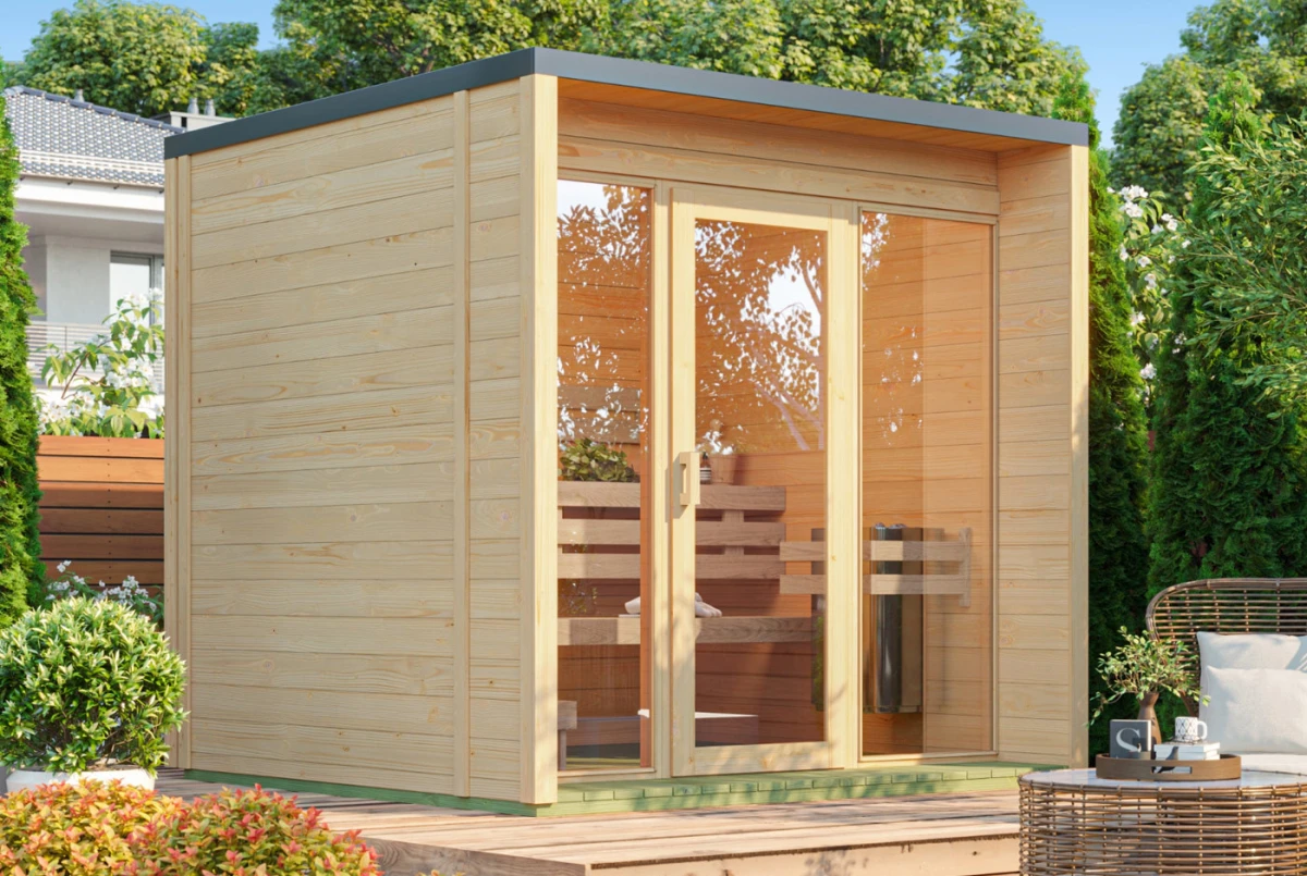 Sauna cabine extérieure à toit plat NORDIK XS – 5 m² – Bois brut – Madriers 70 mm contrecollés