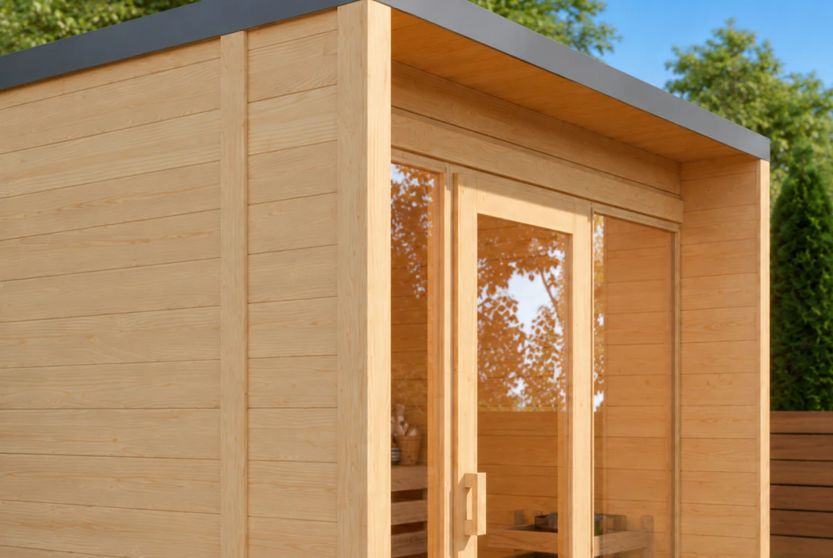 Sauna cabine extérieure à toit plat NORDIK XS – 5 m² – Bois brut – Madriers 70 mm contrecollés
