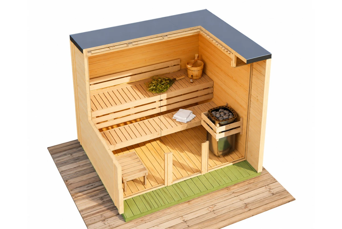 Sauna cabine extérieure à toit plat NORDIK XS – 5 m² – Bois brut – Madriers 70 mm contrecollés