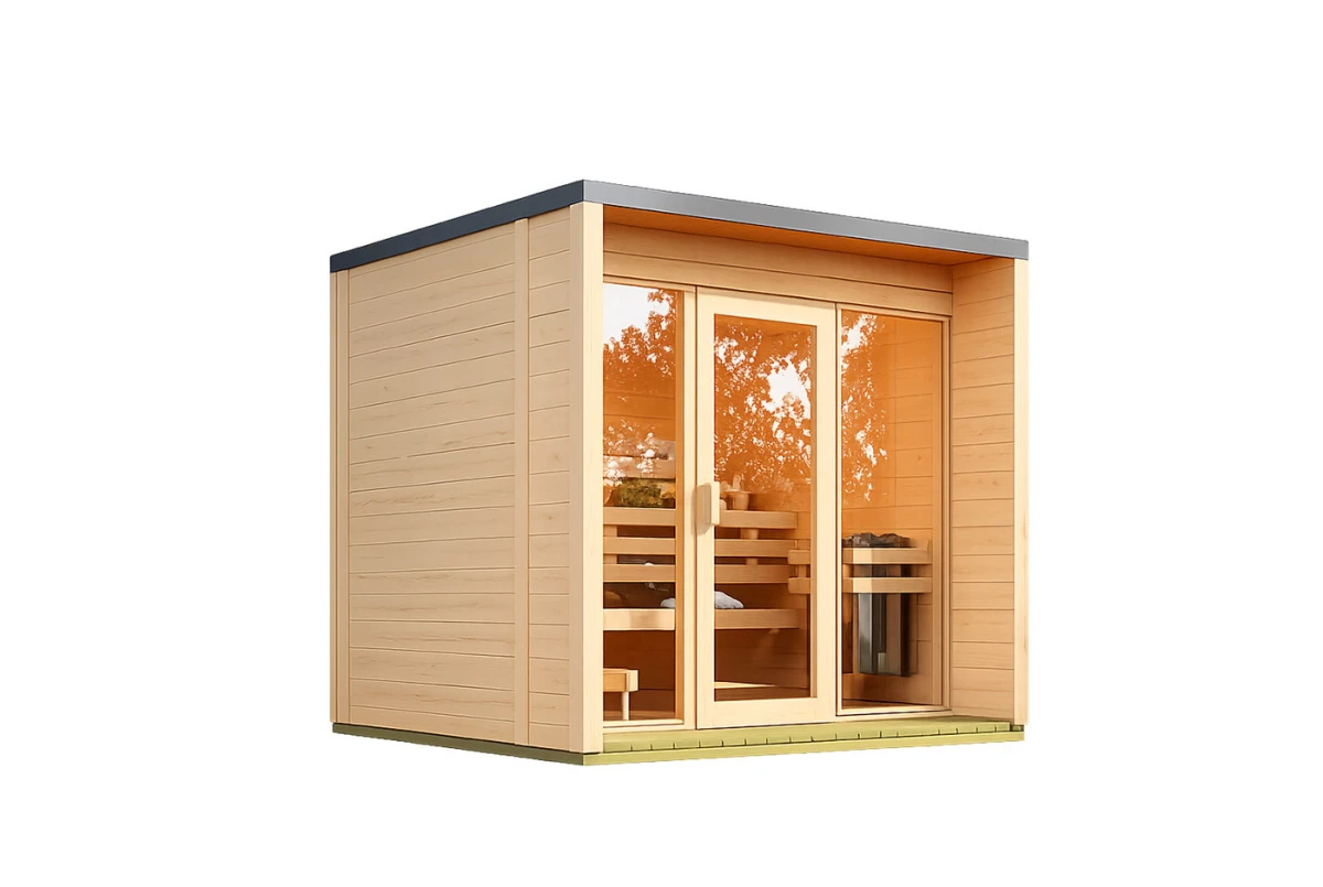 Sauna cabine extérieure à toit plat NORDIK XS – 5 m² – Bois brut – Madriers 70 mm contrecollés