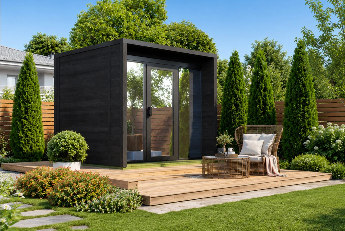 Sauna cabine extérieure à toit plat NORDIK XS – 5 m² – Bois thermotraité noir – Madriers 70 mm contrecollés