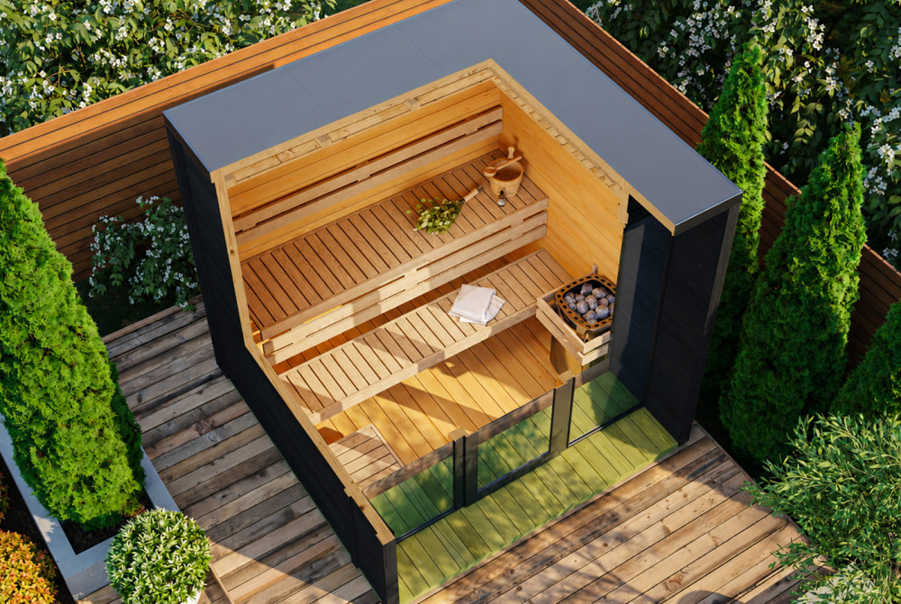 Sauna cabine extérieure à toit plat NORDIK XS – 5 m² – Bois thermotraité noir – Madriers 70 mm contrecollés
