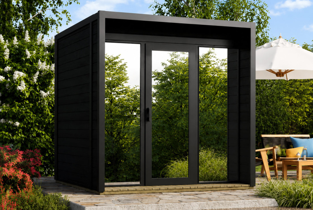 Sauna cabine extérieure à toit plat NORDIK S – 5,71 m² – Bois thermotraité noir – Madriers 70 mm contrecollés
