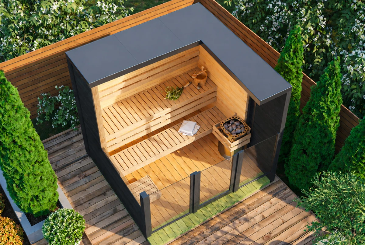 Sauna cabine extérieure à toit plat NORDIK S – 5,71 m² – Bois thermotraité noir – Madriers 70 mm contrecollés