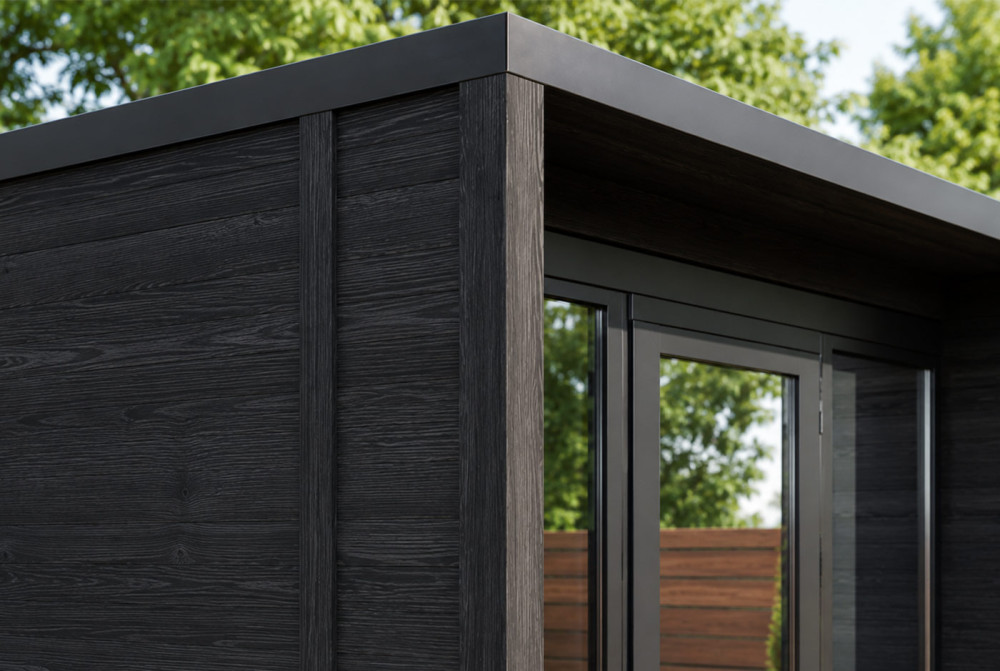 Sauna cabine extérieure à toit plat NORDIK S – 5,71 m² – Bois thermotraité noir – Madriers 70 mm contrecollés