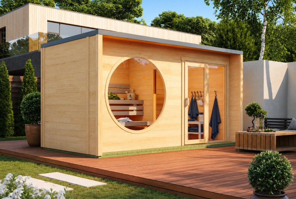 Sauna cabine extérieure 2 pièces à toit plat ARTIC M – 4,58 + 3,62 m² – Madriers 70 mm contrecollés