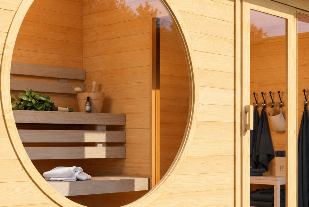 Sauna cabine extérieure 2 pièces à toit plat ARTIC M – 4,58 + 3,62 m² – Madriers 70 mm contrecollés