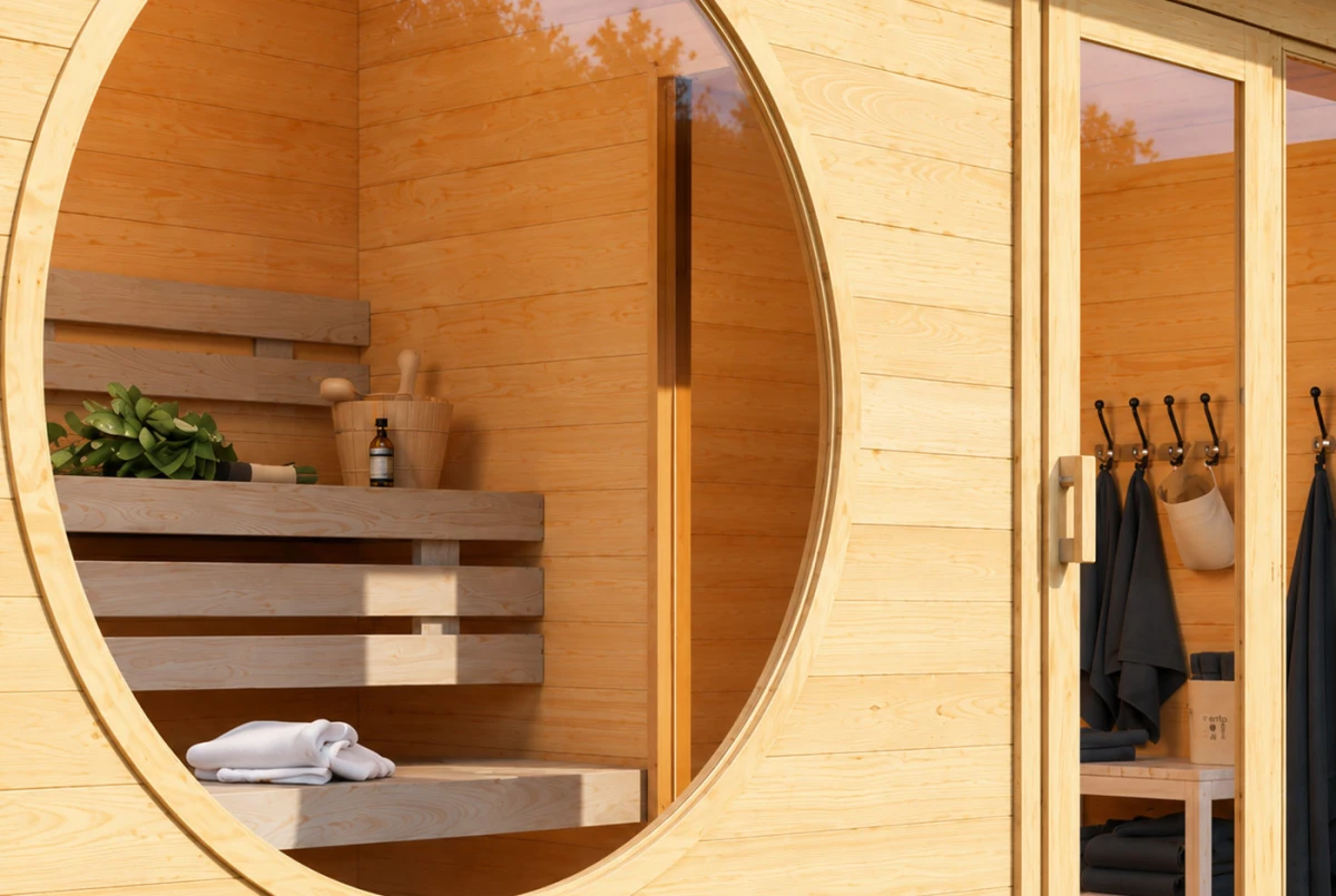 Sauna cabine extérieure 2 pièces à toit plat ARTIC M – 4,58 + 3,62 m² – Madriers 70 mm contrecollés
