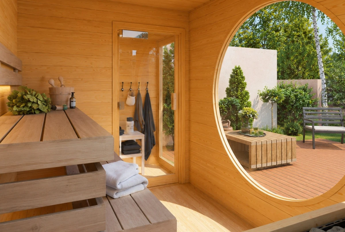 Sauna cabine extérieure 2 pièces à toit plat ARTIC M – 4,58 + 3,62 m² – Madriers 70 mm contrecollés