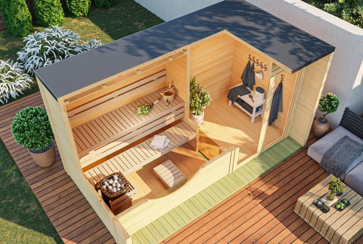 Sauna cabine extérieure 2 pièces à toit plat ARTIC M – 4,58 + 3,62 m² – Madriers 70 mm contrecollés