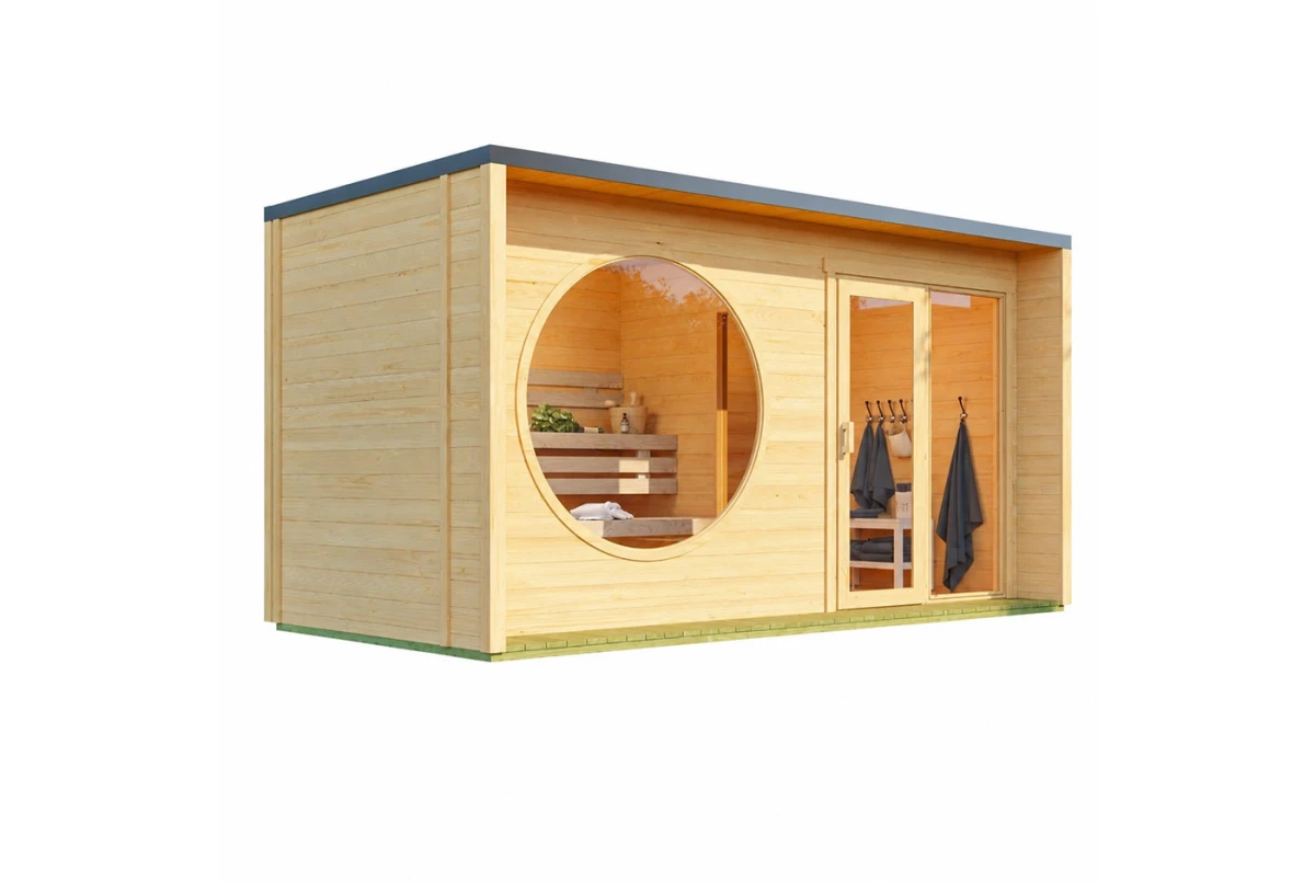 Sauna cabine extérieure 2 pièces à toit plat ARTIC M – 4,58 + 3,62 m² – Madriers 70 mm contrecollés