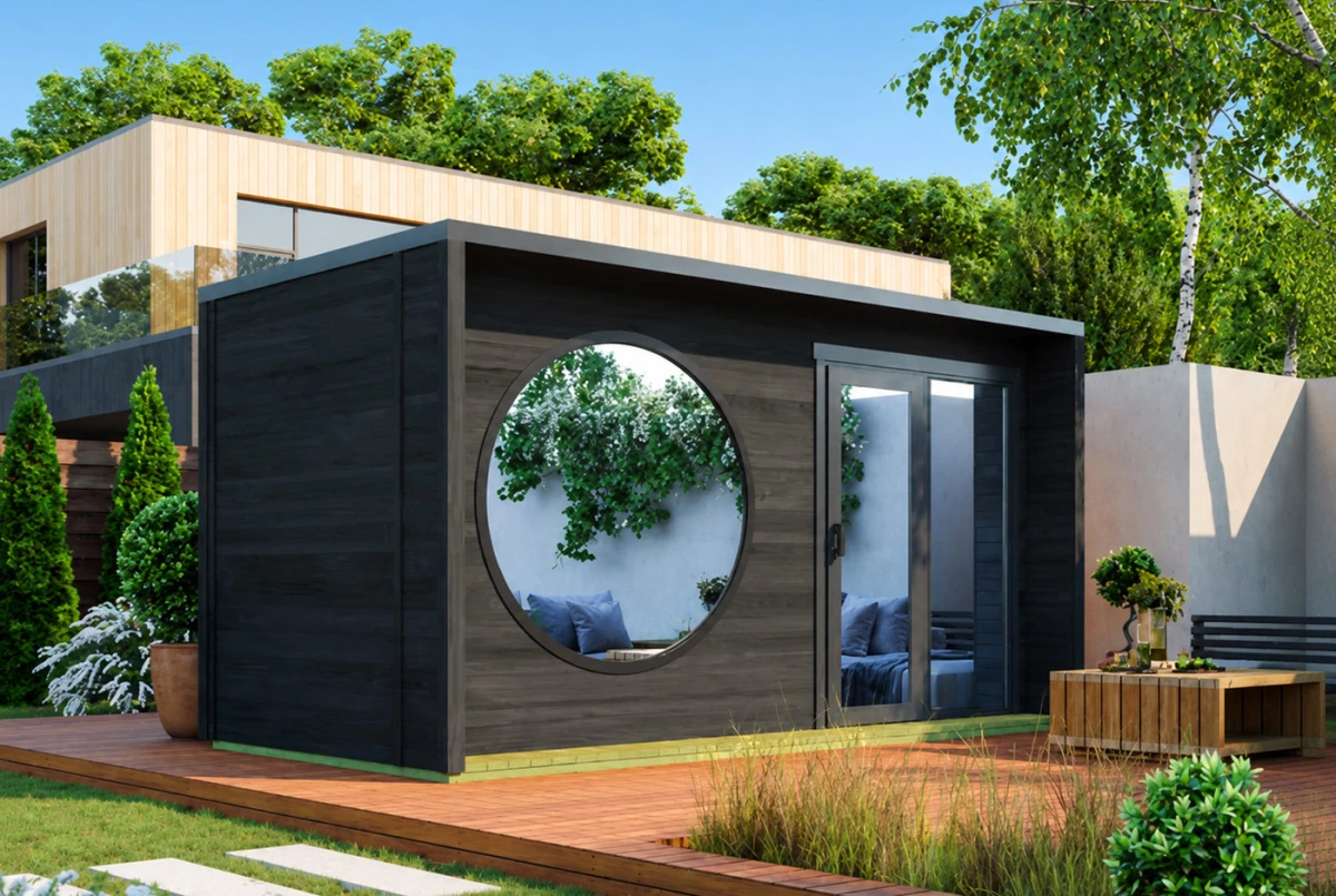 Sauna cabine extérieure 2 pièces à toit plat NORDIK M – 4,58 + 3,62 m² – Bois thermotraité noir – Madriers 70 mm contrecollés