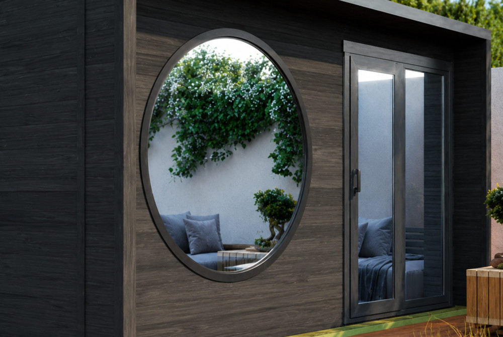 Sauna cabine extérieure 2 pièces à toit plat NORDIK M – 4,58 + 3,62 m² – Bois thermotraité noir – Madriers 70 mm contrecollés