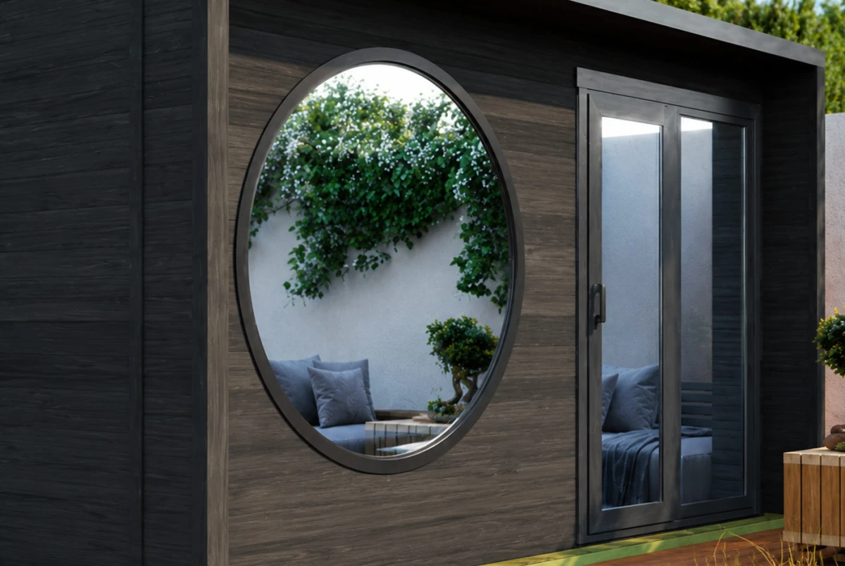Sauna cabine extérieure 2 pièces à toit plat NORDIK M – 4,58 + 3,62 m² – Bois thermotraité noir – Madriers 70 mm contrecollés