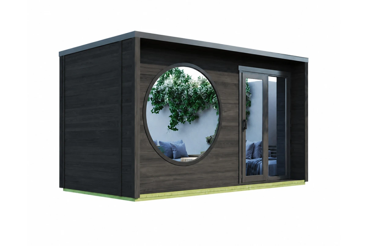 Sauna cabine extérieure 2 pièces à toit plat NORDIK M – 4,58 + 3,62 m² – Bois thermotraité noir – Madriers 70 mm contrecollés