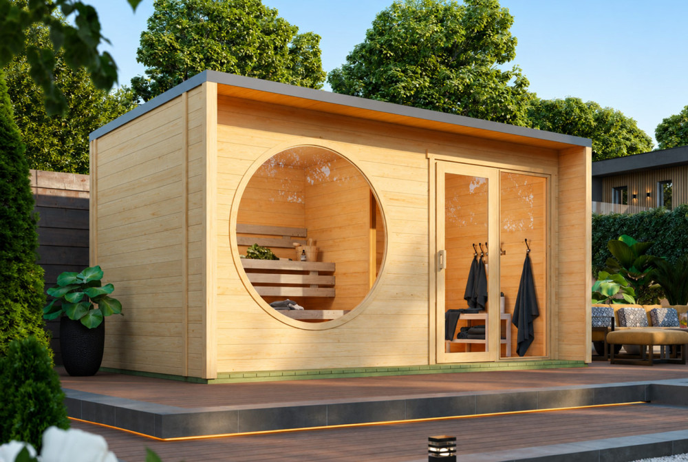 Sauna cabine extérieure 2 pièces à toit plat ARTIC L – 5,30 + 4,19 m² – Madriers 70 mm contrecollés