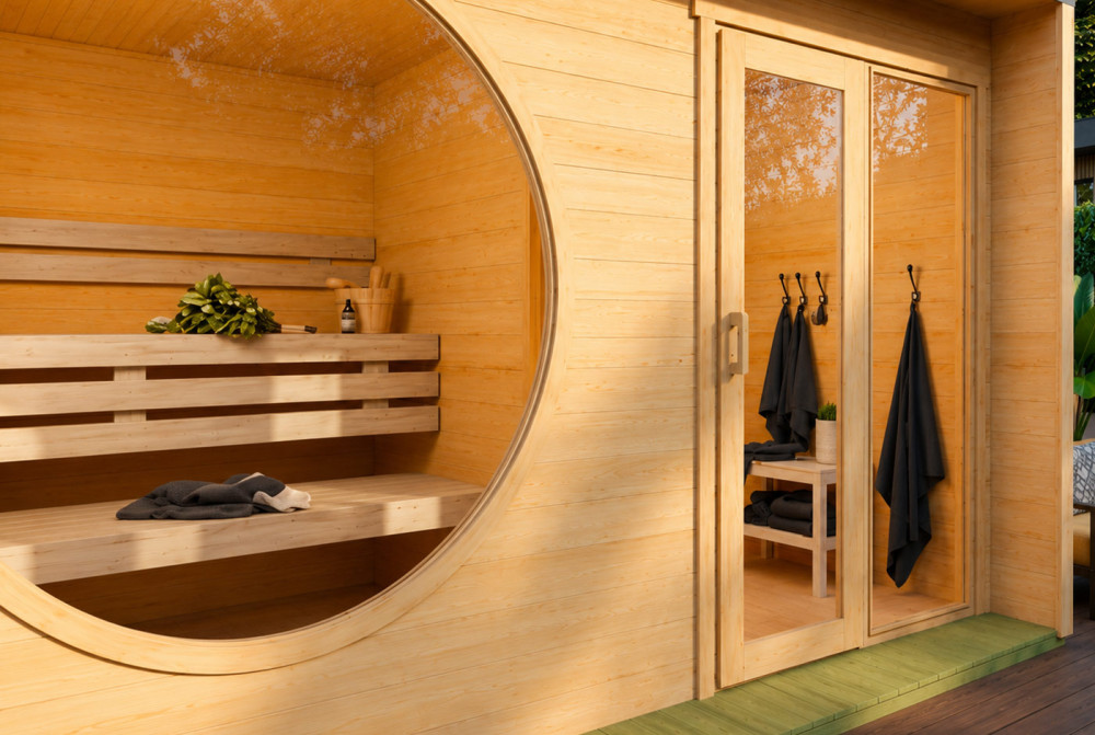 Sauna cabine extérieure 2 pièces à toit plat ARTIC L – 5,30 + 4,19 m² – Madriers 70 mm contrecollés