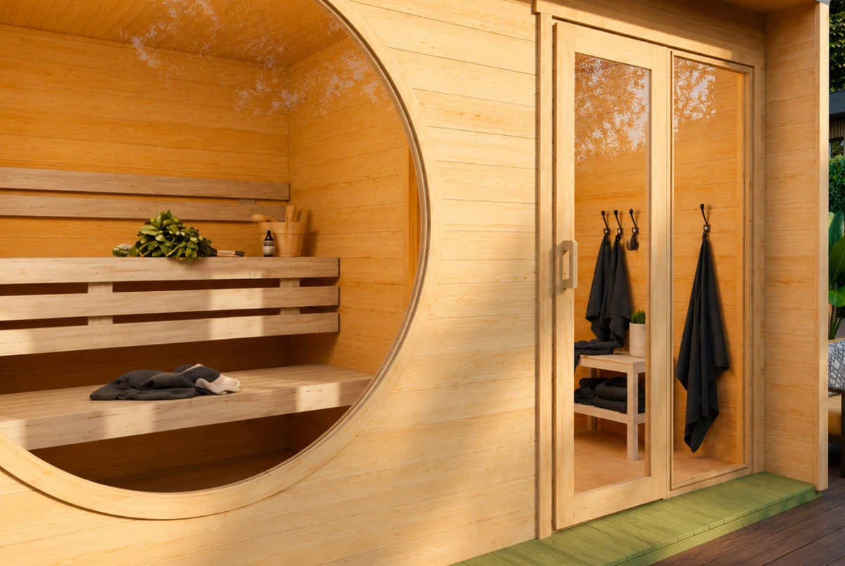 Sauna cabine extérieure 2 pièces à toit plat ARTIC L – 5,30 + 4,19 m² – Madriers 70 mm contrecollés