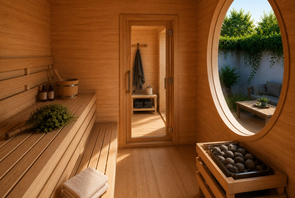 Sauna cabine extérieure 2 pièces à toit plat ARTIC L – 5,30 + 4,19 m² – Madriers 70 mm contrecollés