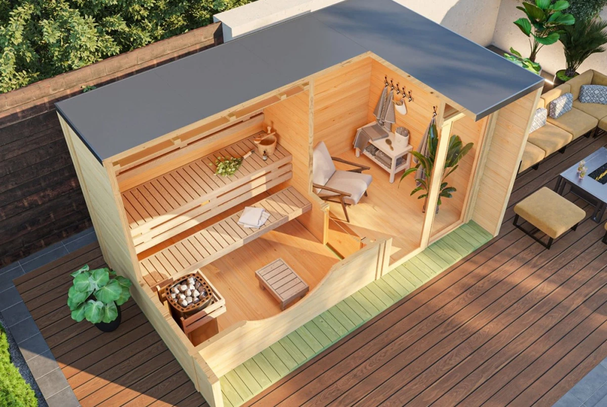 Sauna cabine extérieure 2 pièces à toit plat ARTIC L – 5,30 + 4,19 m² – Madriers 70 mm contrecollés