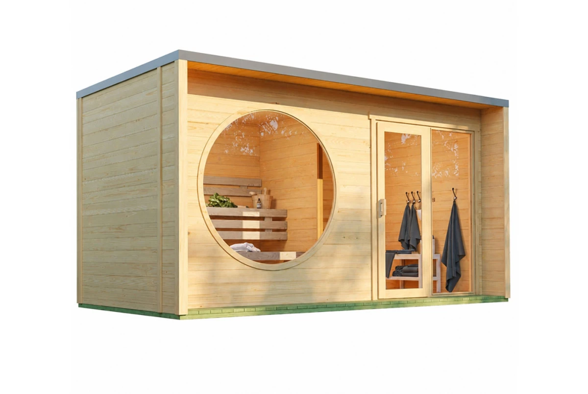 Sauna cabine extérieure 2 pièces à toit plat ARTIC L – 5,30 + 4,19 m² – Madriers 70 mm contrecollés