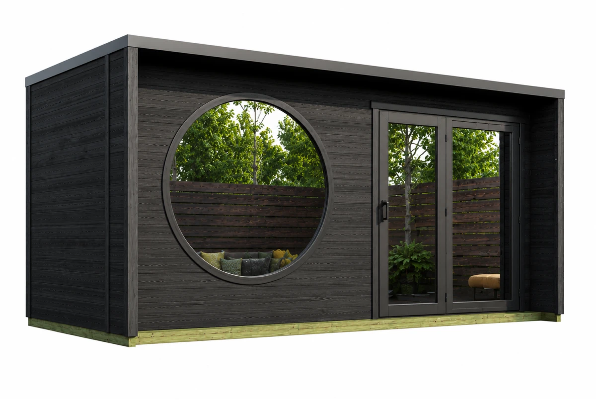 Sauna cabine extérieure 2 pièces à toit plat NORDIK L – 5,30 + 4,19 m² – Bois thermotraité noir – Madriers 70 mm contrecollés