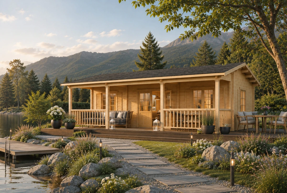 Chalet de jardin bois brut L'ÉVIDENCE - Toit double pente - 2 pièces - 31,07 m² + terrasse 14 m² - Madriers 90 mm contrecollés