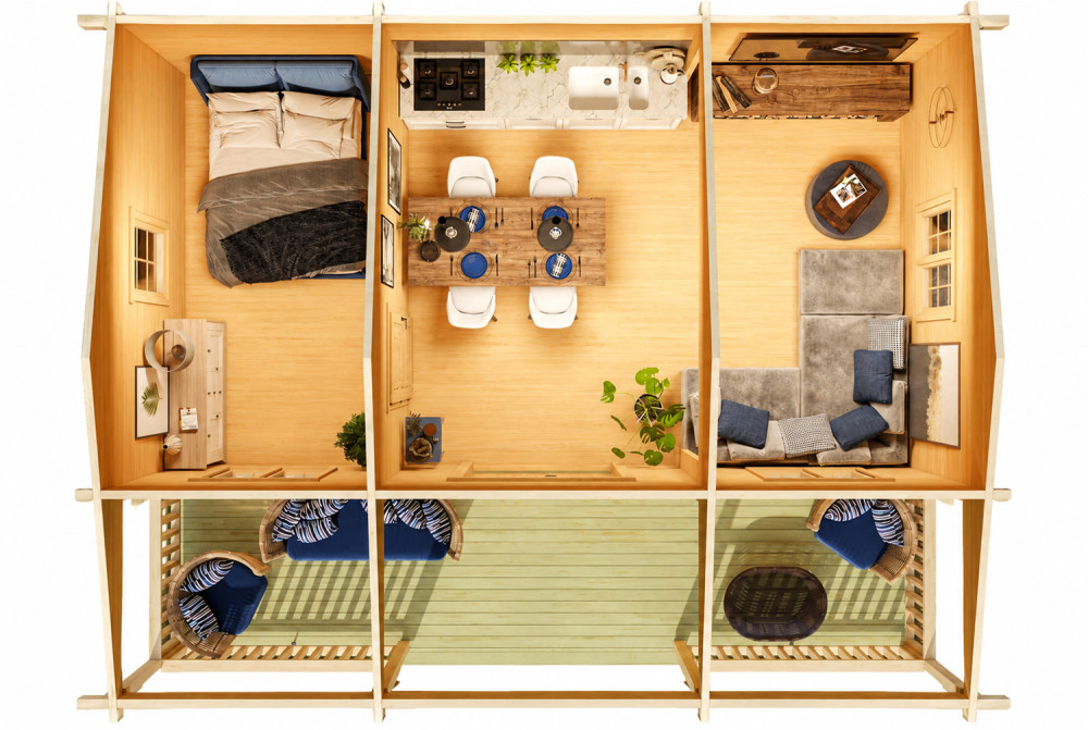 Chalet de jardin bois brut L'ÉVIDENCE - Toit double pente - 2 pièces - 31,07 m² + terrasse 14 m² - Madriers 90 mm contrecollés