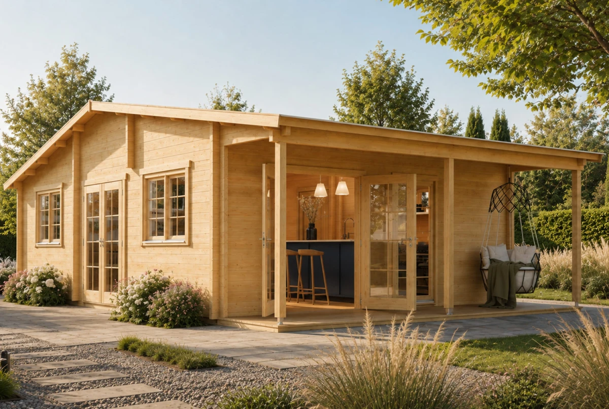 Chalet de jardin bois brut L'ÉCHAPPÉE BELLE - Toit double pente - 4 pièces - 40,08 m² + terrasse 6,44 m² - Madriers 90CC
