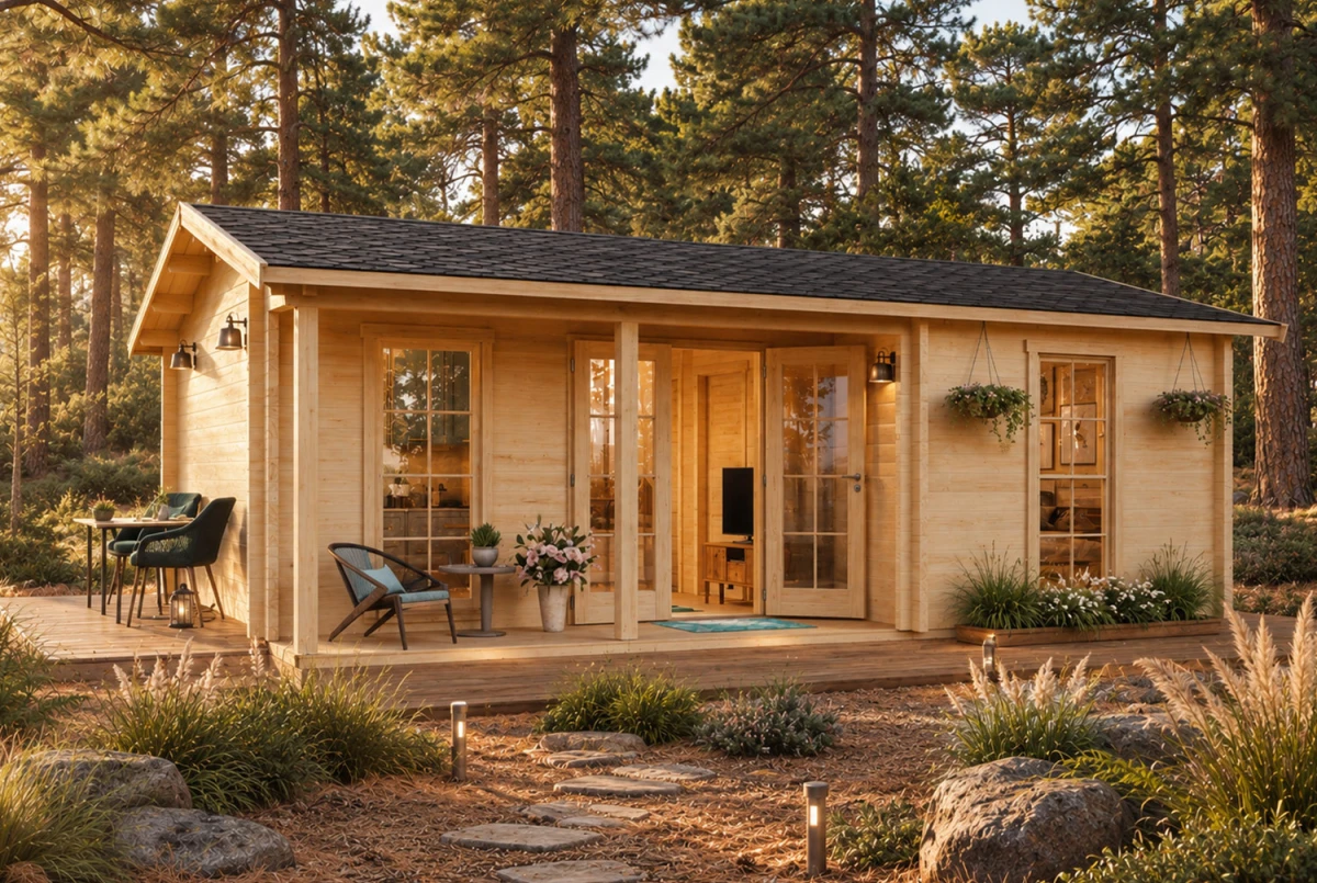 Chalet bois brut L'ÉCLIPSE - Toit double pente - 3 pièces - 28,38 m² avec auvent de 3,86 m² - Madriers 90 mm contrecollés